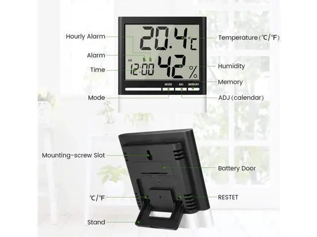 Alt view image 4 of 7 - Temperature Hygrometer, Indoor Thermometers Humidity Monitor with LCD Display, Home Digital Dual Wall Alarm Clock with Day, Date - Battery Included