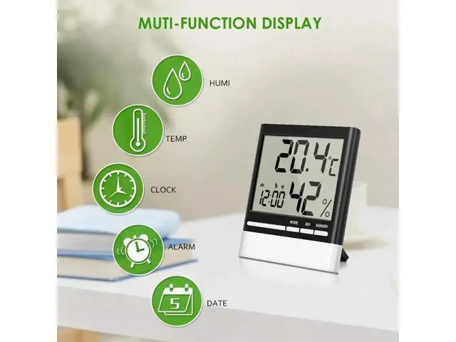 Alt view image 2 of 7 - Temperature Hygrometer, Indoor Thermometers Humidity Monitor with LCD Display, Home Digital Dual Wall Alarm Clock with Day, Date - Battery Included