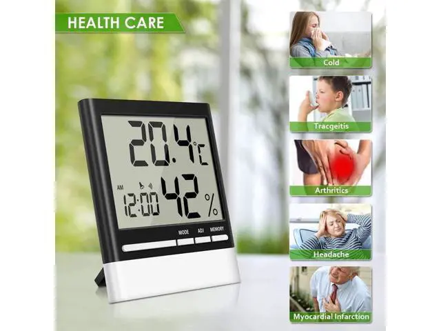 Alt view image 7 of 7 - Temperature Hygrometer, Indoor Thermometers Humidity Monitor with LCD Display, Home Digital Dual Wall Alarm Clock with Day, Date - Battery Included