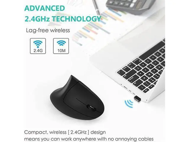 Alt view image 2 of 7 - Ergonomic Mouse, Vertical Wireless Mouse - Rechargeable 2.4GHz Optical Vertical Mice : 3 Adjustable DPI 800/1200/1600 Levels 6 Buttons, for Laptop, PC, Computer, Desktop, Notebook etc, Black