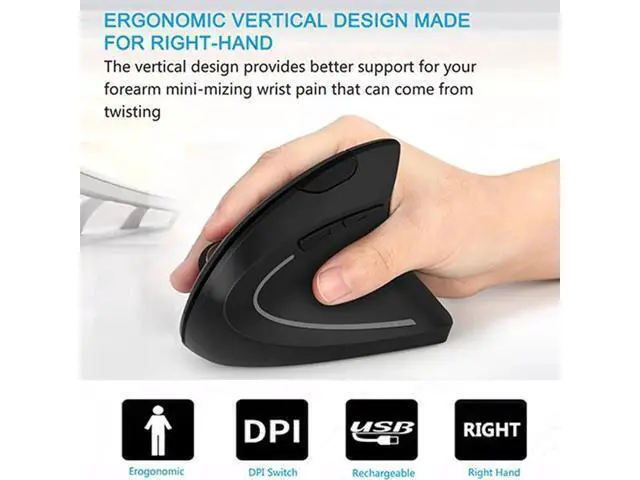 Alt view image 6 of 7 - Ergonomic Mouse, Vertical Wireless Mouse - Rechargeable 2.4GHz Optical Vertical Mice : 3 Adjustable DPI 800/1200/1600 Levels 6 Buttons, for Laptop, PC, Computer, Desktop, Notebook etc, Black
