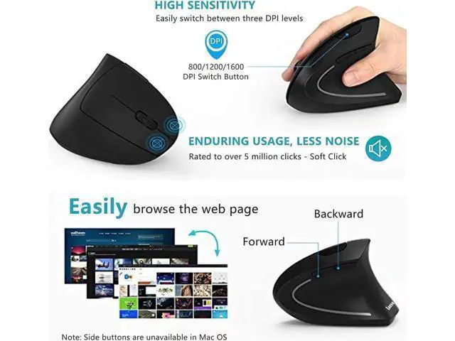 Alt view image 7 of 7 - Ergonomic Mouse, Vertical Wireless Mouse - Rechargeable 2.4GHz Optical Vertical Mice : 3 Adjustable DPI 800/1200/1600 Levels 6 Buttons, for Laptop, PC, Computer, Desktop, Notebook etc, Black