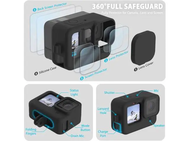 Alt view image 5 of 7 - Silicone Sleeve Case for GoPro Hero 12 / Hero 11 / Hero 10 / Hero 9 Black, Battery Side Cover & Screen Protectors & Lens Caps & Lanyard for Go Pro Hero 12/11/10/9 Accessories Kit