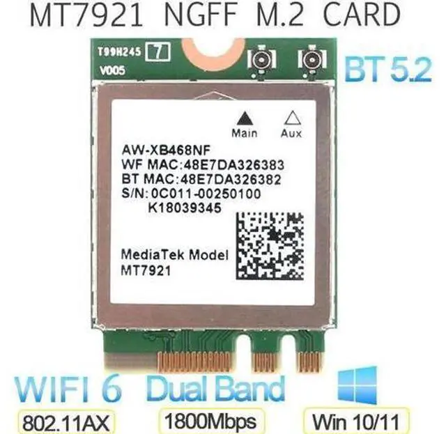 Main image of Wi-Fi 6 MediaTek MT7921k MT7921 1800M Bluetooth 5.2 desktop / notebook wireless wifi network card supports windows10 / 11