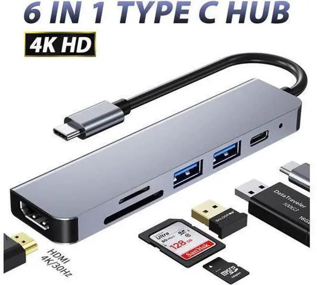 Main image of Type-C USB HUB 6 In 1 Usb3.0 Otg Adapter 2 USB-C HDMI-Compatible TF SD Slot PD Charger Splitter for Macbook Laptops Type-C Hub