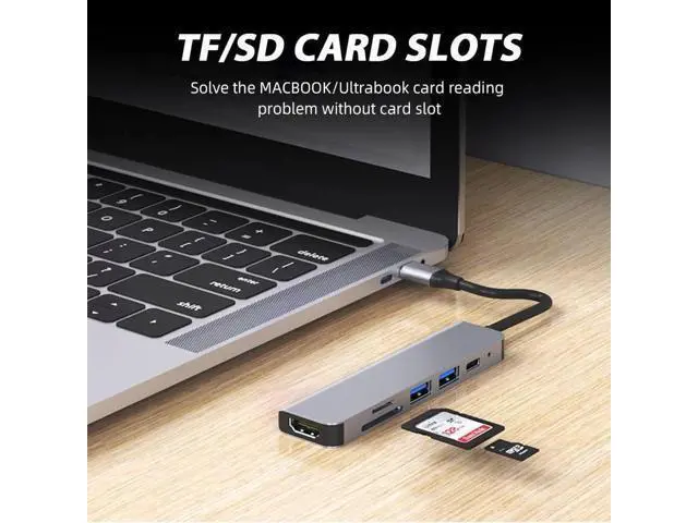 Alt view image 4 of 7 - Type-C USB HUB 6 In 1 Usb3.0 Otg Adapter 2 USB-C HDMI-Compatible TF SD Slot PD Charger Splitter for Macbook Laptops Type-C Hub