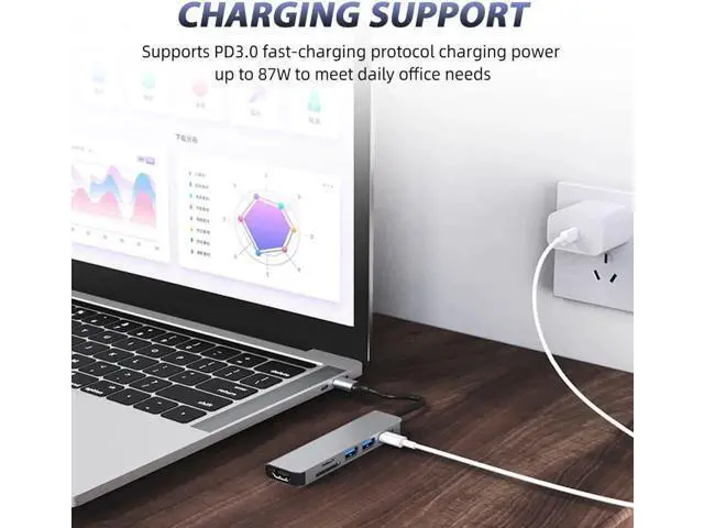 Alt view image 5 of 7 - Type-C USB HUB 6 In 1 Usb3.0 Otg Adapter 2 USB-C HDMI-Compatible TF SD Slot PD Charger Splitter for Macbook Laptops Type-C Hub