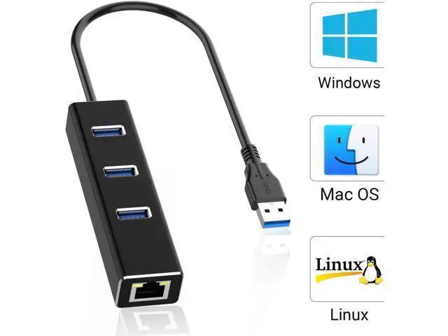 Alt view image 2 of 7 - USB to Ethernet Adapter, USB A to 3 Ports USB 3.0 Hub with 10/100/1000 Mbps LAN RJ45 Gigabit Network Adapter, Supports Windows 10/8/7, Mac OS, Linux