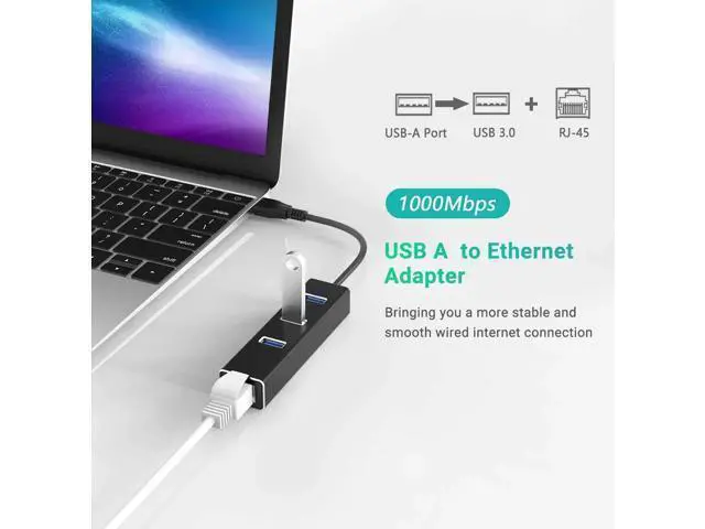 Alt view image 3 of 7 - USB to Ethernet Adapter, USB A to 3 Ports USB 3.0 Hub with 10/100/1000 Mbps LAN RJ45 Gigabit Network Adapter, Supports Windows 10/8/7, Mac OS, Linux