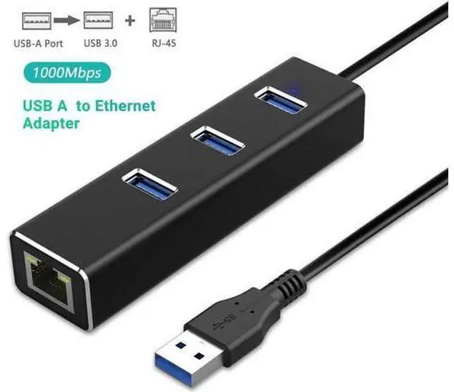 Main image of USB to Ethernet Adapter, USB A to 3 Ports USB 3.0 Hub with 10/100/1000 Mbps LAN RJ45 Gigabit Network Adapter, Supports Windows 10/8/7, Mac OS, Linux