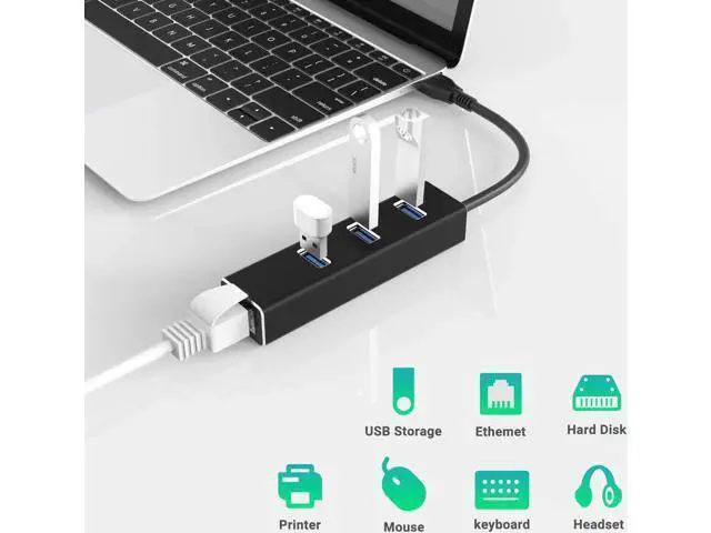 Alt view image 7 of 7 - USB to Ethernet Adapter, USB A to 3 Ports USB 3.0 Hub with 10/100/1000 Mbps LAN RJ45 Gigabit Network Adapter, Supports Windows 10/8/7, Mac OS, Linux