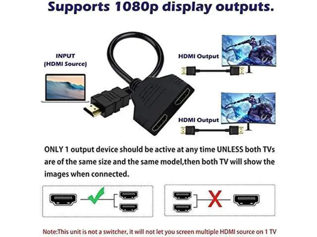 Alt view image 5 of 7 - HDMI Splitter Adapter Cable, 1080P HDMI Splitter 1 in 2 Out, HDMI Male to 2 HDMI Female 1 to 2 Way Splitter Cable for HDTV, LCD Monitor and Projectors