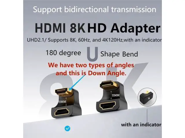 Alt view image 3 of 7 - U Shape HDMI 2.1 Adapter Male to Female Standard HDMI Type A Adapter UHD 3D 8K@60Hz 180 Degree Down Angle for Laptop Projector TV PC