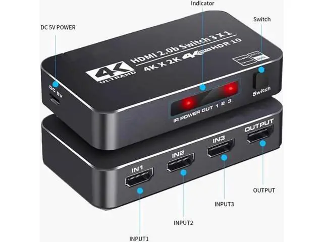 Alt view image 2 of 7 - 4K HDR HDMI Switch, 3 Ports 4K 60Hz HDMI 2.0 Switcher Selector with IR Remote, Supports Ultra HD Dolby Vision, High Speed (Max to 18.5Gbps), HDR10, HDCP 2.2 & 3D