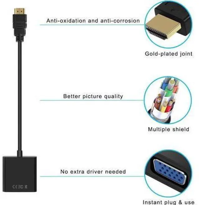 Alt view image 7 of 7 - HDMI to VGA Gold-Plated HDMI to VGA Adapter (Male to Female) for Computer Desktop Laptop PC Monitor Projector HDTV Chromebook Raspberry Pi Xbox and More - Black 3 Pack