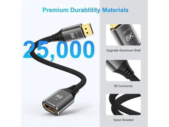 Alt view image 4 of 7 - 8K DisplayPort Extension Cable 3Feet, DisplayPort 1.4 Male to Female Extension Cable, Braided DP to DP Extended Cord, Supports 8K@60Hz,4K@120Hz (Grey, 3 Ft)