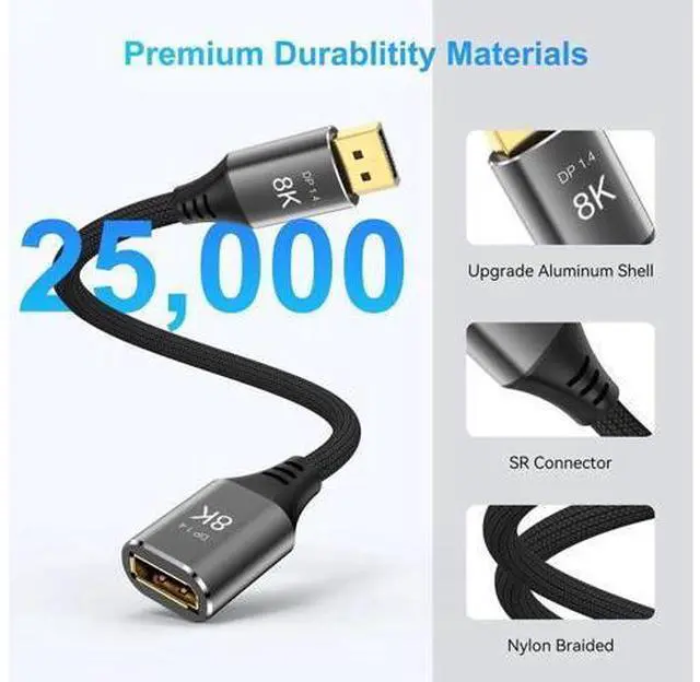 Alt view image 4 of 7 - 8K DisplayPort Extension Cable 1.5Feet, DisplayPort 1.4 Male to Female Extension Cable, Braided DP to DP Extended Cord, Supports 8K@60Hz,4K@120Hz (Grey, 1.5 Ft)