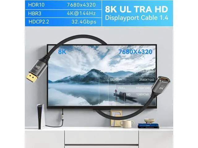 Alt view image 5 of 7 - 8K DisplayPort Extension Cable 1.5Feet, DisplayPort 1.4 Male to Female Extension Cable, Braided DP to DP Extended Cord, Supports 8K@60Hz,4K@120Hz (Grey, 1.5 Ft)