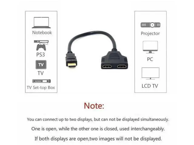 Alt view image 4 of 7 - HDMI Male to 2 HDMI Female 1 in 2 Out Splitter Cable Adapter Converter Single Male to Dual Female Y Switch Extension HDTV Cord