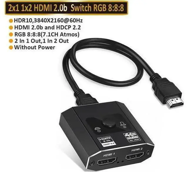 Main image of HDMI Switch HDMI Splitter, 4K@60hz Aluminum HDMI 2.0 Switcher 2 in 1 Out, HDMI Splitter 1 in 2 Out,Bi-Directional Switch Support 4K 3D HDR for Xbox PS5/4/3 Blu-Ray Player Fire Stick Roku HDTV
