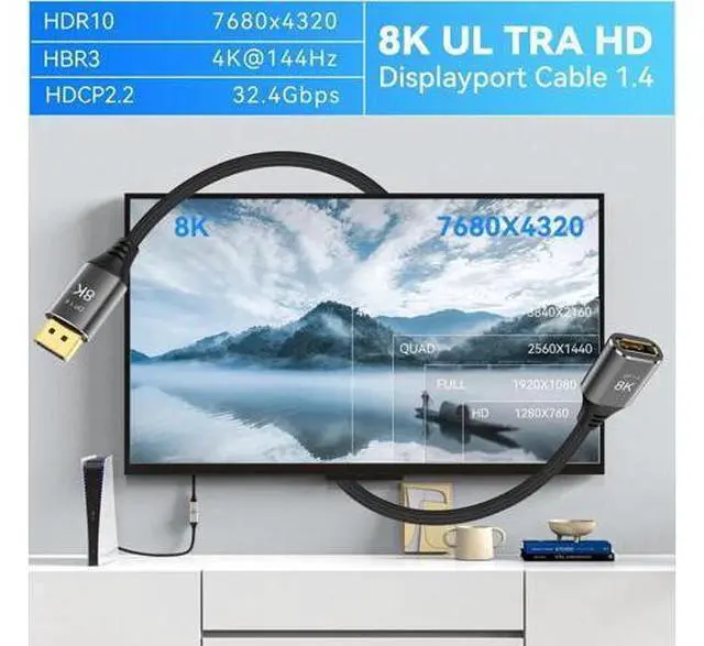 Alt view image 5 of 7 - 8K DisplayPort Extension Cable 3Feet, DisplayPort 1.4 Male to Female Extension Cable, Braided DP to DP Extended Cord, Supports 8K@60Hz,4K@120Hz (Grey, 3 Ft)