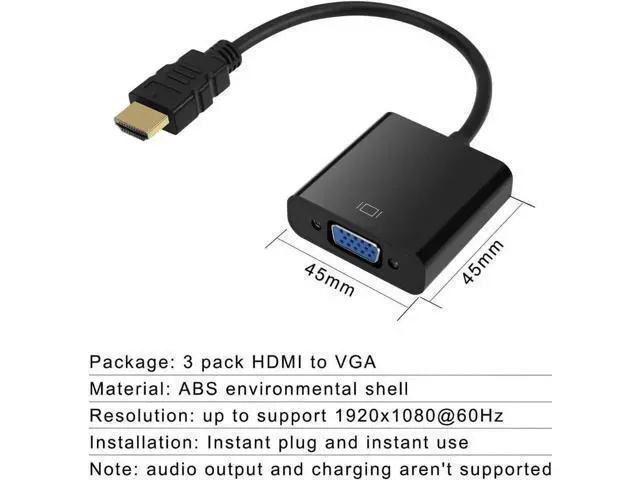 Alt view image 5 of 7 - HDMI to VGA Gold-Plated HDMI to VGA Adapter (Male to Female) for Computer Desktop Laptop PC Monitor Projector HDTV Chromebook Raspberry Pi Xbox and More - Black 3 Pack