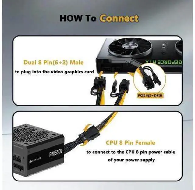 Alt view image 3 of 6 - (2-Pack) CPU to GPU, CPU 8 Pin Female to Dual PCIe 8 Pin (6+2) Male Splitter Cable for Graphics Card BTC Miner 9-inch (23cm)