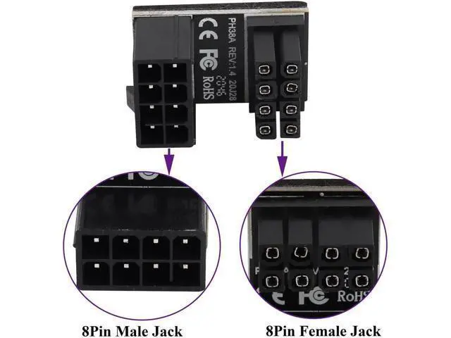 Alt view image 4 of 7 - 2Pack 180 Degree ATX 8Pin Female to Male Connector U Type PCI 8 Pin to 8 Pin PCI Express Video Card Power Adapter for Desktop Graphics Card GPU