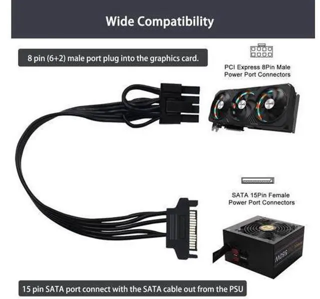 Alt view image 4 of 5 - SATA to 8 Pin GPU Power Adapter, SATA to 8 Pin (6+2) PCIe Graphics Card Power Supply Cable 9-inch (Pack of 2)