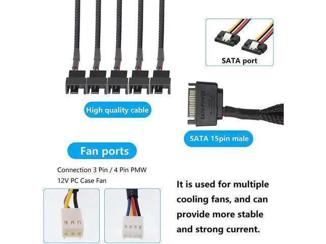 Alt view image 7 of 7 - SATA Cooler Fan Adapter Cable - 15 Pin to 3/4 Pin Fan Splitter - 1.1Ft (Black - 1 to 5)