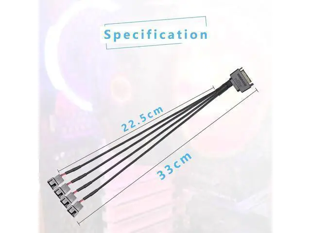 Alt view image 2 of 6 - SATA Cooler Fan Adapter Cable, 15 Pin to 4 x 3/4 Pin Fan Splitter, 1.1Ft (Black - 1 to 4)