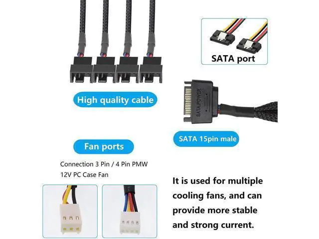 Alt view image 6 of 6 - SATA Cooler Fan Adapter Cable, 15 Pin to 4 x 3/4 Pin Fan Splitter, 1.1Ft (Black - 1 to 4)