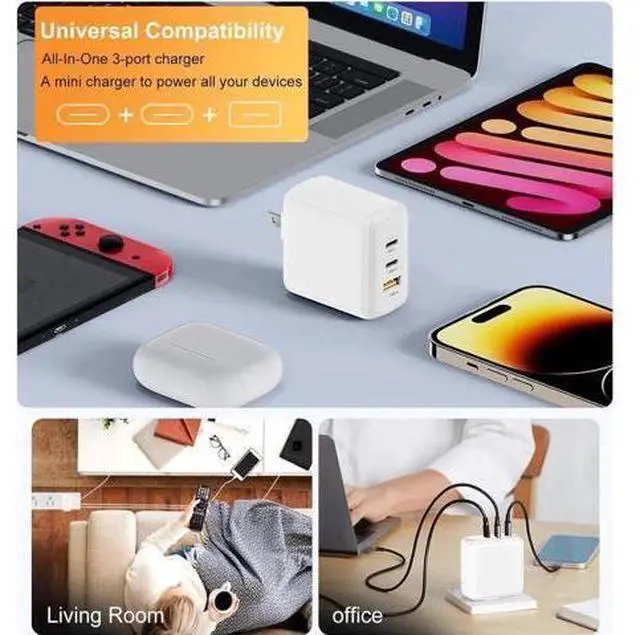 Main image of USB C Charger, 65W 3 Port Foldable USB C Wall Charger, PD 3.0 Fast GaN Charger Block Compatible for Mac-Book,i-Pad,i-Phone 14 13 12 Pro Max, Galaxy S23 S22 S21 S20 Note 20, Steam Deck,Switch