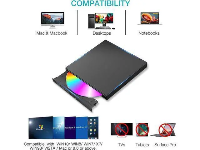 Alt view image 5 of 6 - External CD DVD Drive, USB 2.0 Portable CD/DVD Player for Laptop CD ROM Burner Compatible with Laptop Desktop PC Windows Linux OS Apple Mac Black