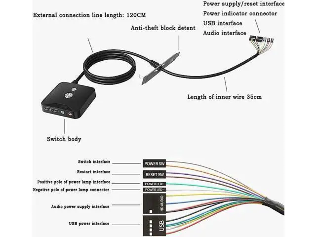 Alt view image 3 of 7 - Desktop Computer Switch Button Extension Cord with Dual USB Audio Desktop Host External On/Off Start / Reset /Audio Button Paste Type Computer Switch