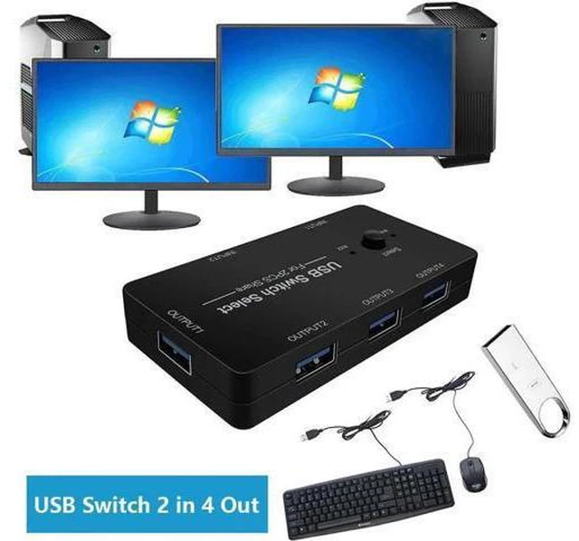 Main image of USB Switch 2 in 4 Out, USB Switcher Selector 2 Port for 2 Computer Share 4 USB Device Keyboard Mouse Printer Scanner U Disk, USB 2.0 switcher Compatible with Windows, Linux etc.
