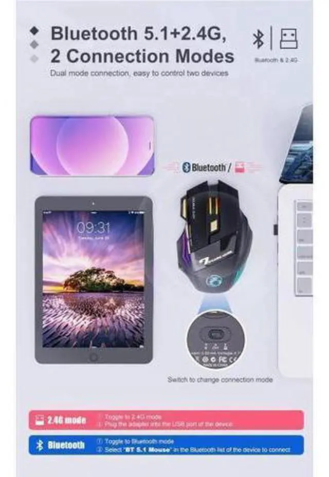 Alt view image 3 of 7 - Dual Mode Wireless Gaming Mouse, Rechargeable USB 2.4G + Bluetooth 5.1 Wireless Mice, with 7-Color Rainbow Luminous, 3 adjustable DPI levels(up to 3200 dpi), Optical Effect Gaming Mice (Classic Black)