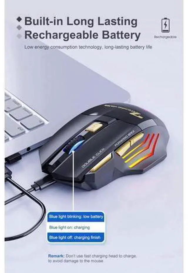 Alt view image 6 of 7 - Dual Mode Wireless Gaming Mouse, Rechargeable USB 2.4G + Bluetooth 5.1 Wireless Mice, with 7-Color Rainbow Luminous, 3 adjustable DPI levels(up to 3200 dpi), Optical Effect Gaming Mice (Classic Black)