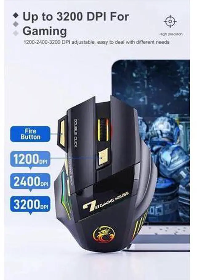 Alt view image 7 of 7 - Dual Mode Wireless Gaming Mouse, Rechargeable USB 2.4G + Bluetooth 5.1 Wireless Mice, with 7-Color Rainbow Luminous, 3 adjustable DPI levels(up to 3200 dpi), Optical Effect Gaming Mice (Classic Black)
