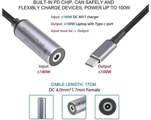 Alt view image 3 of 6 - PD 100W DC4017 to Type C Power Charging Cable, DC 4.0x1.7mm Female Input to USB Type C Male Extension Cable with PD Automatic Identification Chip,for Phones,Tablets,Laptops