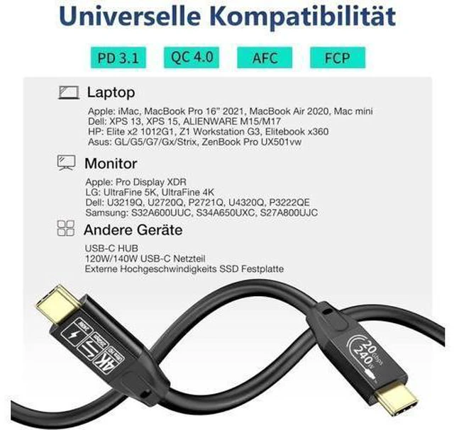 Alt view image 2 of 7 - 1.6FT USB C 3.2 Gen2 48V/5A PD3.1 Cable, 4K@60Hz Video Output, Supports Thunderbolt 3 for MacBook Pro