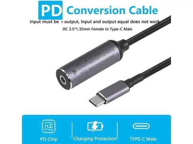 Alt view image 2 of 7 - PD 100W DC 3.5mm x 1.35mm Female Input to USB Type C Male Power Charging Cable, DC35135 to Type C Extension Cable with PD Automatic Identification Chip,for Phones,Tablets,Laptops