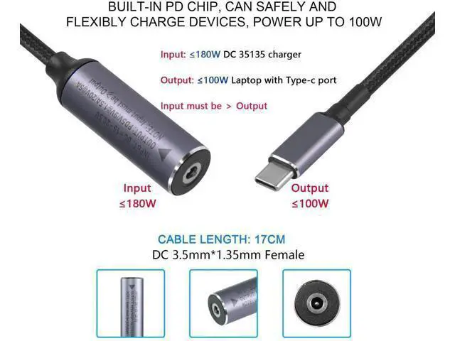 Alt view image 6 of 7 - PD 100W DC 3.5mm x 1.35mm Female Input to USB Type C Male Power Charging Cable, DC35135 to Type C Extension Cable with PD Automatic Identification Chip,for Phones,Tablets,Laptops