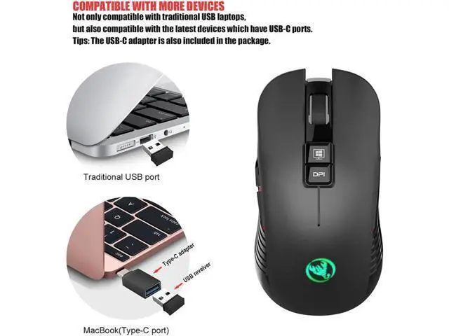 Alt view image 4 of 7 - 2.4G USB-C Wireless Mouse Rechargeable Gaming Mouse 3600DPI 7 Button Type-c Mute Mice for Macbook Laptop PC Game Mouse