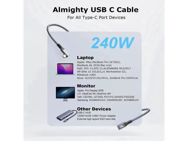 Alt view image 3 of 7 - USB C 3.2 Gen-2 Extension 1M 3.3FT 90 Degree ElbowThunderbolt 3 240W Fast Charging Cable Male to Female Data Transfer 20Gbps 48V/5A 4K Video Cable Compatible with MacBook