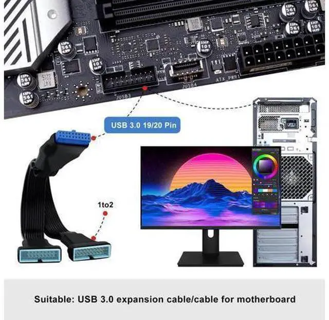 Alt view image 2 of 6 - USB 3.0 Header Splitter Extension Cable Motherboard 19/20 Pin Male to Female Adapter, Small Mini 1 in 2 Out Internal USB 3.0 Extension Cord (6 inch)