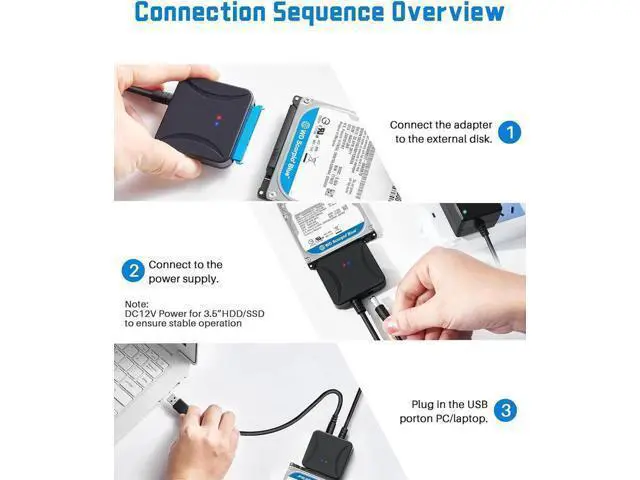 Alt view image 6 of 6 - SATA to USB 3.0 Adapter, USB 3.0 to SATA III Hard Drive Adapter, SATA to USB 3.0, Hard Drive Reader SATA Adapter for 2.5/3.5 inch HDD SSD UASP with 12V/2A Power