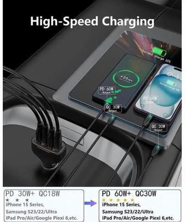 Alt view image 2 of 7 - 120W USB C Car Charger, Car Cigarette Lighter Adapter, Dual PD60W/PPS60W Car Charger for i-Phone 15/14/13/Pro Max/Pro/Android Smartphones and More, Fast Charger for Family Travel