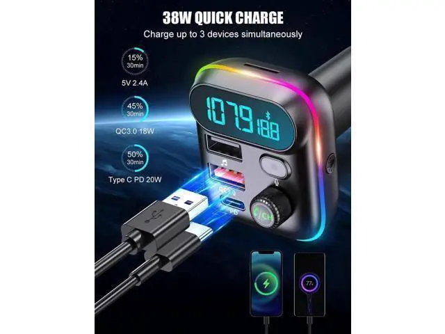 Alt view image 5 of 7 - Bluetooth Adapter for Car - Wireless Bluetooth FM Radio Transmitter - Bluetooth AUX Adapter | Wireless Bluetooth 5.0 MP3 Music Player - QC3.0 + PD 20W USB Car Charger | 7 Colors LED Backlit