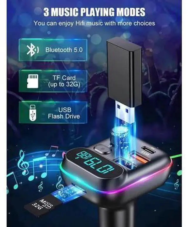 Alt view image 6 of 7 - Bluetooth Adapter for Car - Wireless Bluetooth FM Radio Transmitter - Bluetooth AUX Adapter | Wireless Bluetooth 5.0 MP3 Music Player - QC3.0 + PD 20W USB Car Charger | 7 Colors LED Backlit